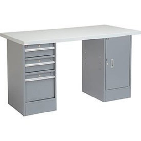 GLOBAL EQUIPMENT 60 x 30 Pedestal Workbench - 3 Drawer  1 Cabinet, Laminate Square Edge Gray 607642